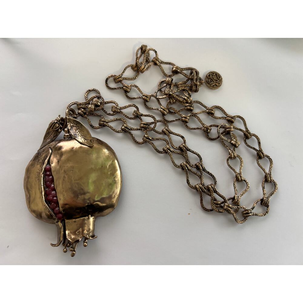 Solid Brass Chunky Chain Pomegranate Pendant Statement Necklace Pink Stones